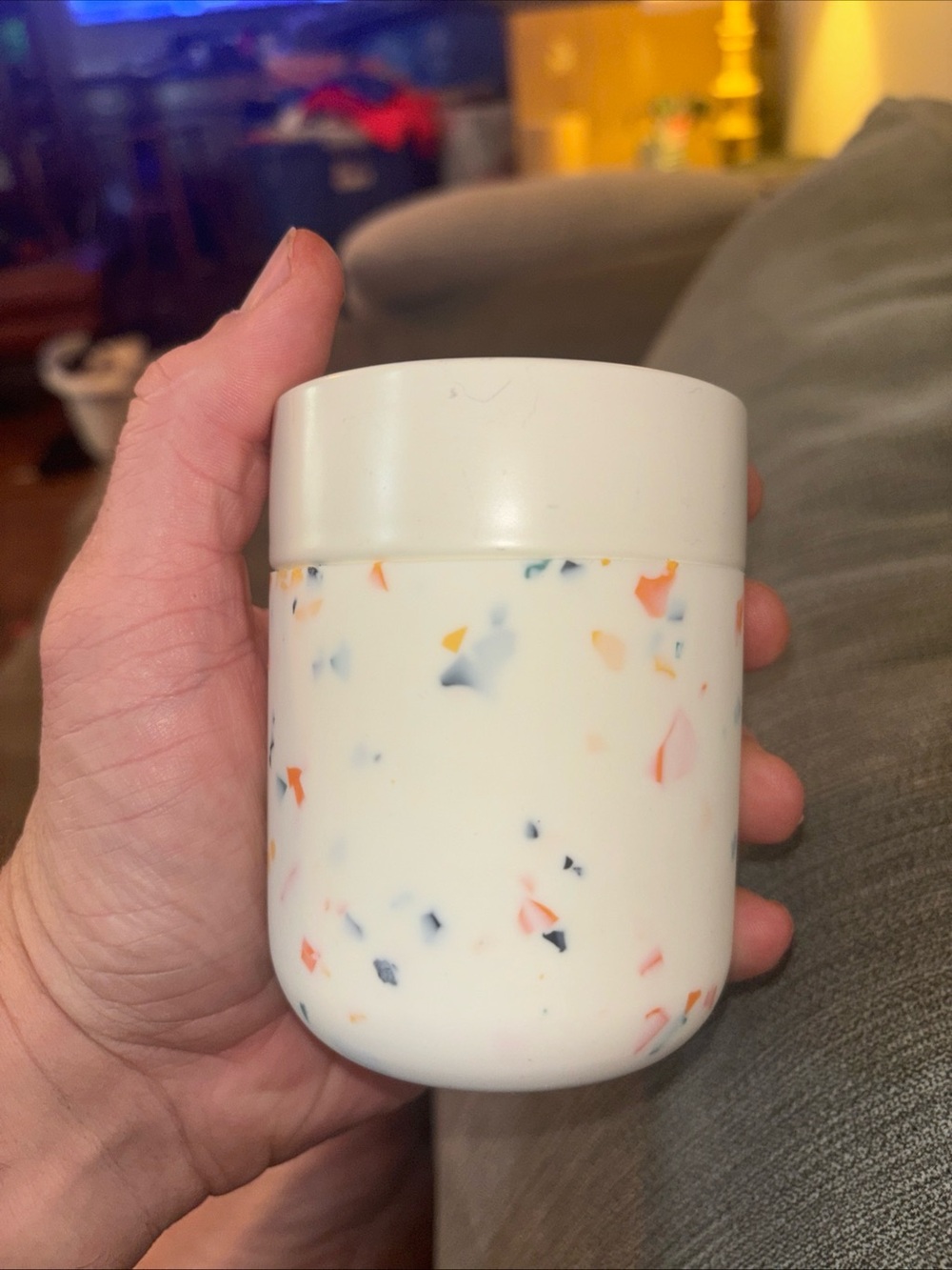 W&P Porter Speckled White Ceramic Travel Mug with Multicolor Confetti no lid
